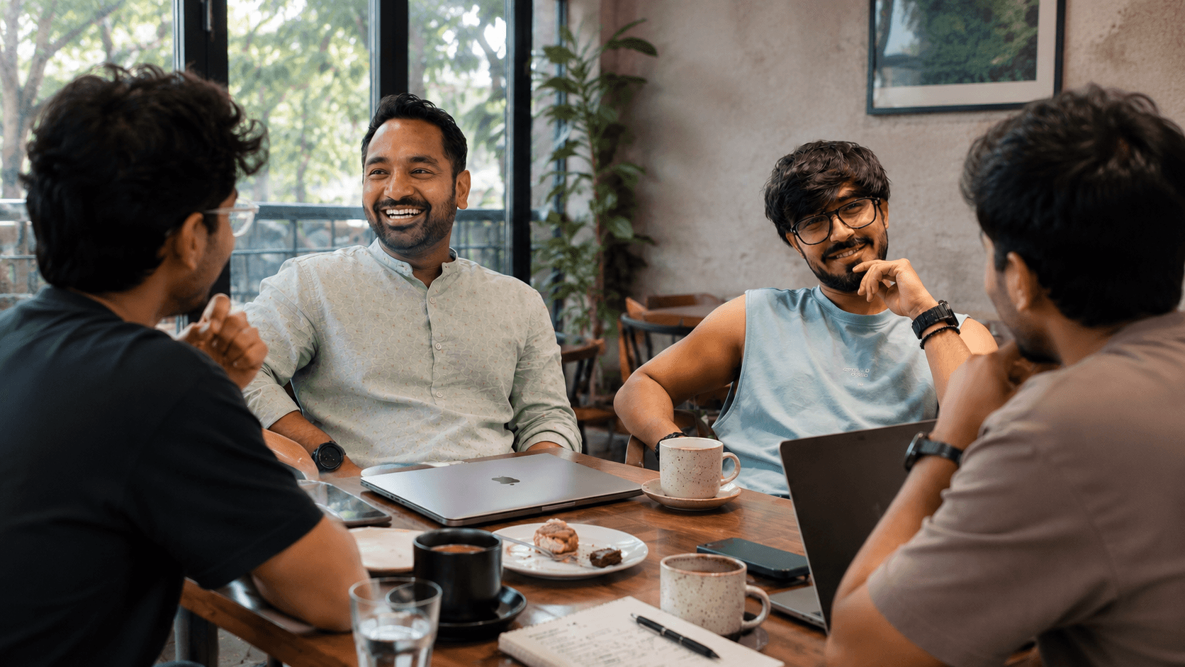 The DelveX team talking through a rewrite over coffee